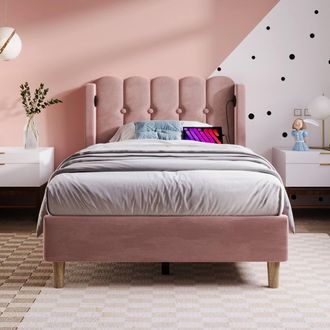 Merax Upholstered Bed with Type-C & USB Charging Ports Headboard in Pink | Size: Double