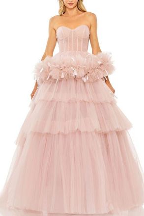 Mac Duggal Feather-Trimmed Tulle Sweetheart Neck Ballgown in Rose at Nordstrom, Size 10