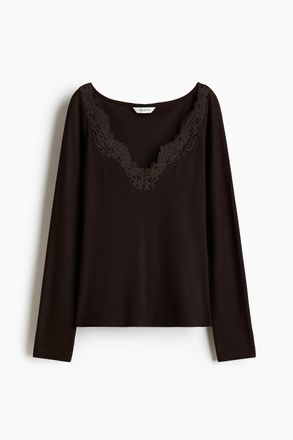 H&M Shirt mit Spitzenbesatz - Dunkelbraun