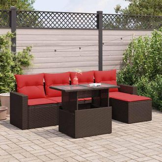 vidaXL Juego Sof&aacute; Jard&iacute;n 6 Piezas Con Cojines Marr&oacute;n Poli Rat&aacute;n Acacia Vidaxl