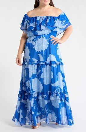 Sugarlips Seabloom Floral Gauri Off the Shoulder Maxi Dress in Cobalt-Blue at Nordstrom, Size 2X