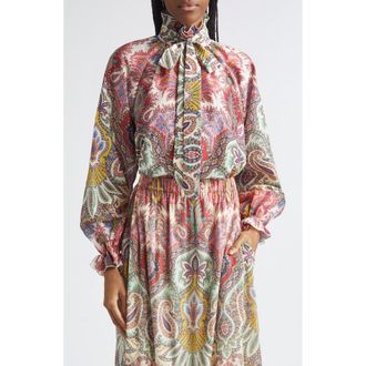 Etro Paisley Print Cotton & Silk Scarf Neck Top in Print On White Base at Nordstrom, Size 10 Us