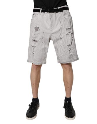 Dolce & Gabbana Light Gray Tattered Men Denim Bermuda Shorts Cotton Elastane