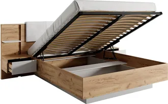 Vente-Unique Canap&eacute; abatible y mesitas de noche 160 x 200 cm - Con LEDs - Color: Natural y blanco - ELYNIA