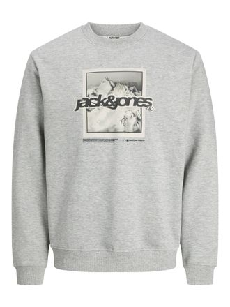 Jack & Jones Kapuzensweatshirt JACK & JONES JCOFLARE FRONT PRINT SWEAT CREW NECK, Herren, Gr. XS, light grau melange, angeraute Sweatware, Obermaterial: 70% Baumwo