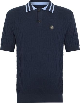 Philipp Plein Gebreid Polo T-shirt Jacquard Monogram - Heren - Polos - Blauw - XL - Wol - Tops
