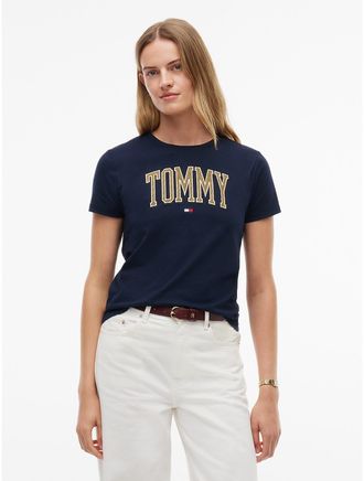 Tommy Hilfiger Womens Metallic Varsity Tommy Logo T-Shirt - Navy Blue - XXL