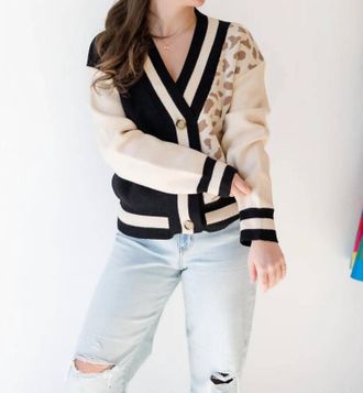 THML Clothing Leopard Knit V-Neck Cardigan In Beige