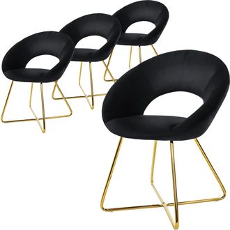 ML Design Ml-design - 4x Sillas De Comedor Negras Ergon&oacute;micas Asiento Tapizado Aspecto Terciopelo Patas De Metal Doradas Con Respaldo Redondo Y Reposabrazos Sil
