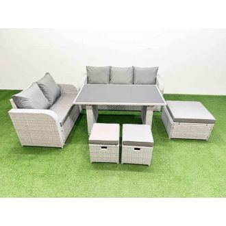 Fimous Fimous - Garden Furniture Set pe Ratten Garden Sofa Set with Rectangular Dining Table 3 Stool Light Grey