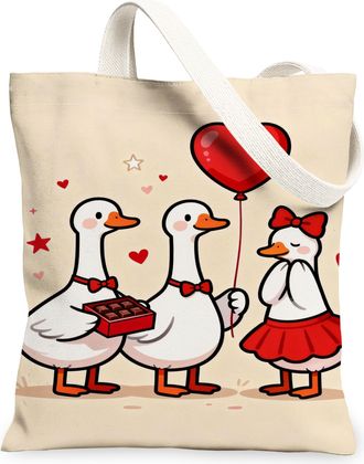 Generic ValentineS Day Cute Duck Canvas Tote Bags, Adorable Animal Print Reusable Grocery Bags, Lightweight Washable Shoulder Stra, Beige, 13x15 Inch