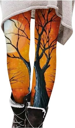 Generic Womens Fashionable and Comfortable Slim Halloween Bat Print Casual Pants Leggings Womens Cotton Leggings (Orange, XL)