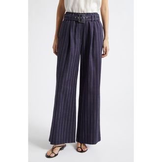 Reiss Rae Stripe Belted Wide Leg Pants in Navy at Nordstrom, Size 14