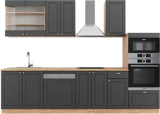 Vicco Mueble De Cocina Fame-line, Antracita Casa De Campo/roble Kraft Dorado, 300 Cm Con Armario Alto, Sin Encimera