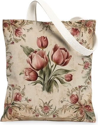 Generic Spring Aesthetic Tulip Canvas Tote Bag for Shopping 13x15, Vintage Retro Floral Reusable Grocery Print Pattern Bag for Women, Abstract Flower Beach Ae