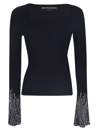 Ermanno Scervino Crystal Embellished Ribbed V-Neck Jumper Size XS