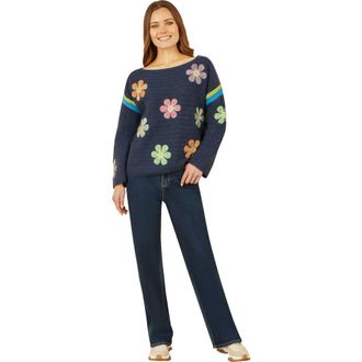Yumi Crochet Flower Long Sleeve Jumper in Navy at Nordstrom, Size Medium
