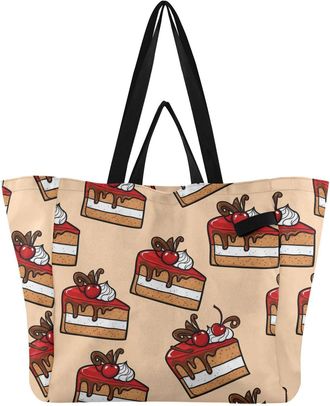 Generic Dessert Cake Cherry Beige pattern Reusable Canvas Tote Bag, Heavy Duty Grocery Shopping Bag with Large Capacity Hard Bottom Double Handles Work Grocer