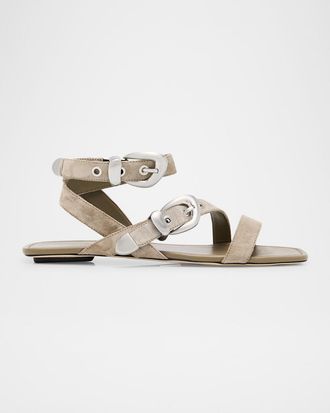 Stuart Weitzman Maven Suede Buckle Flat Sandals