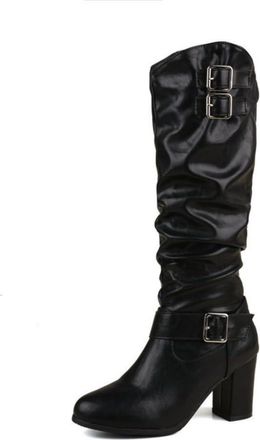 Generic Womens Slouch Knee High Boots with Buckle Straps, Chunky Block Heel & Round Toe, for Work and Casual Wear,Plus Size,Black,6.5 UK