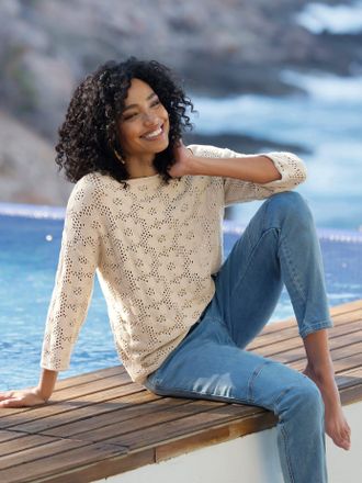 Heine Ajourpullover HEINE Pullover, Damen, Gr. 36, sand, 100% Baumwolle, unifarben, Pullover Ajourpullover