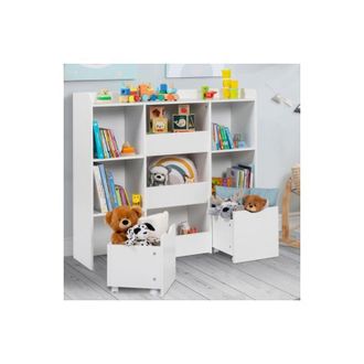 IDMarket Mueble de almacenaje infantil MANA con 5 estantes, 3 cubos y 2 cubos con ruedas, blanco