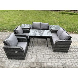 Fimous Wicker pe Rattan Garden Dining Set Outdoor Furniture Sofa with Rectangular Dining Table 2 Side Tables Dark Grey Mixed - Fimous