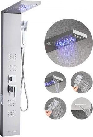 OEM Sistema De Ducha 5 En 1 Con Panel Tipo Torre Y Cabezal Tipo Cascada Con Efecto Lluvia, Led, Columna De Ducha De Acero Inoxidable Cepillado, Grifo 5 Fu