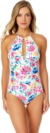 Anne Cole Womens Watercolor Paisley High Neck With Ruffled Straps One Piece Swimsuit at Nordstrom, Size 14