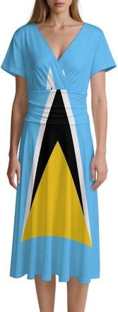 Generic Saint Lucia Flag Womens Midi Dress Short Sleeve Casual Dresses V Neck 3XL