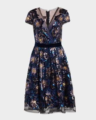 Talbot Runhof Floral Sequin Tulle Midi Dress
