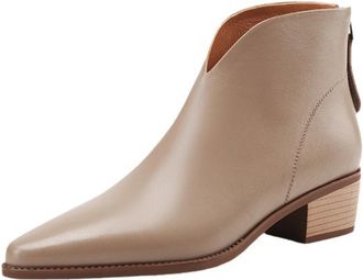 Generic Womens Pointed Toe PU Leather Ankle Boots Back Zipper Low Block Heels Slip On Sleek Cutout Design Soft Lining Cushioned Insole Durable Outsole,Beige,5