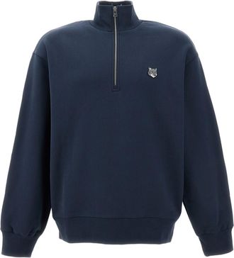 Maison Kitsun&eacute; Blue Fox Head Cotton Half-Zip Sweatshirt