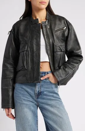 Free People Adrienne Leather Bomber Jacket in Black at Nordstrom, Size X-Large