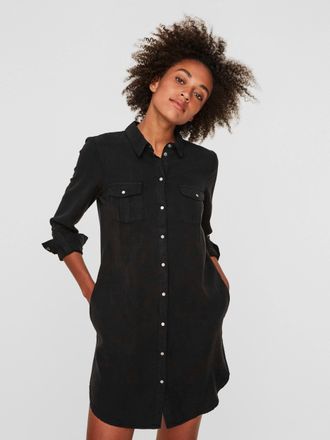 Vero Moda Jeanskleid VERO MODA VMSILLA, Damen, Gr. XXL, N-Gr, schwarz, Web, Obermaterial: 100% Lyocell (TENCEL), unifarben, gerade kurz, verstellbar 1-Knopf-Man