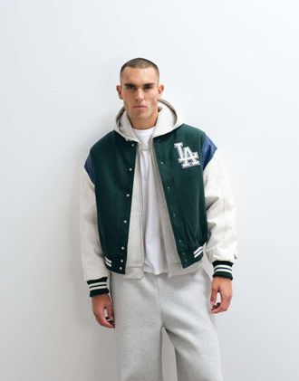 New Era LA Dodgers - Giacca stile college in misto lana verde multicolore