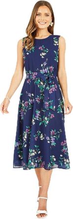 Yumi Navy Floral Print Skater Dress (UK, Numeric, 22, Regular, Regular, Blue)