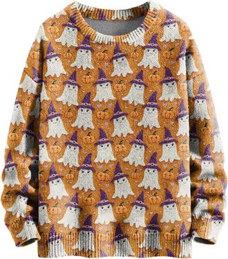Generic Womens Jumpers Halloween Oversized Knitted Jumper Ghosts Graphic Print Novelty Blouses Long Sleeve Jumper Crew Neck Loose Fit Pullover Halloween Costu