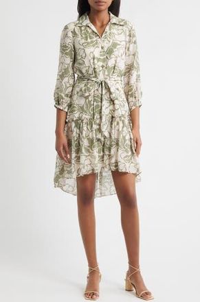 Tahari by ASL Print Tie Belt Shirtdress in Ivory Olive at Nordstrom Rack, Size 10