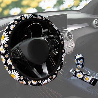 OEM Funda Volante Felpa 3 Piezas Estampado Margaritas Coches, Freno Mano Antideslizante Transpirable Palanca Cambios, 37-38 Cm (estampado Margaritas)
