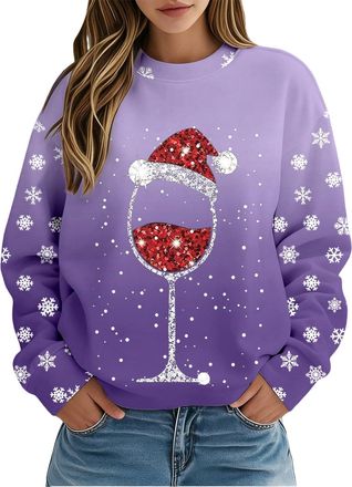 Generic Christmas Jumpers for Women UK Womens Red Wine Glass Printed Sparkly Sweatshirt Tops Ladies Long Sleeve Casual Pullover Sweatshirts Ladies Plus Size C