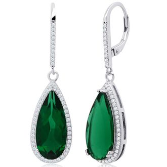 MAX + STONE Pear Cut Gemstone Quartz and White Topaz Halo Dangle Leverback Earrings in Sterling Silver (18x8mm)