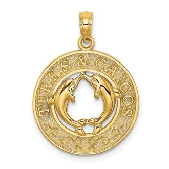 Diamond2Deal 14k Yellow Gold TURKS AND CAICOS with Dolphins Circle Charm Pendant
