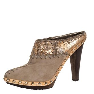 Sergio Rossi Beige Suede Stud Trim Wooden Platform Pointed Toe Mules