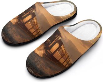 Generic Morning Old Steam Train Sunrise Mens Slippers Comfortable And Non-slip Cotton Slipper Shoe for House