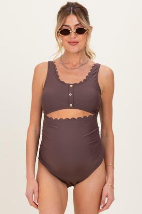 Pinkblush Scalloped Cutout Ruched One Piece Swimsuit in Brown at Nordstrom, Size X-Large