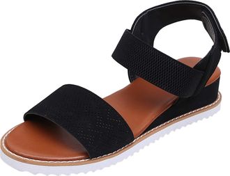 Generic Women Wedge Sandals Casual Leather Flat Sandals Mesh Breathable Roman Sandal Solid Color Slingback Buckle Sandal Comfortable Walking Shoes Arch Suppor