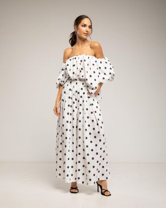 Tantra Set van stippenbroek en top, top met elastische boothals en wijde broek met zakken