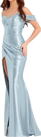 Jovani Satin Off Shoulder Maxi Dress With Corset Bodice In Light Blue