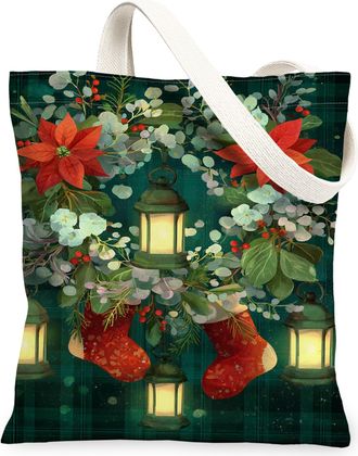 Generic Christmas Floral Canvas Tote Bags, Holiday Lanterns Design Reusable Grocery Bags, Winter Vintage Lightweight Washable Shoulder Strap Canvas 13x15 Inch